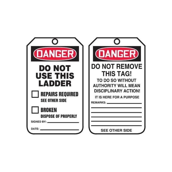 Tag, Danger, Plastic, 5 3/4 in H x 3 1/4 in W, Rectangle, 25 PK