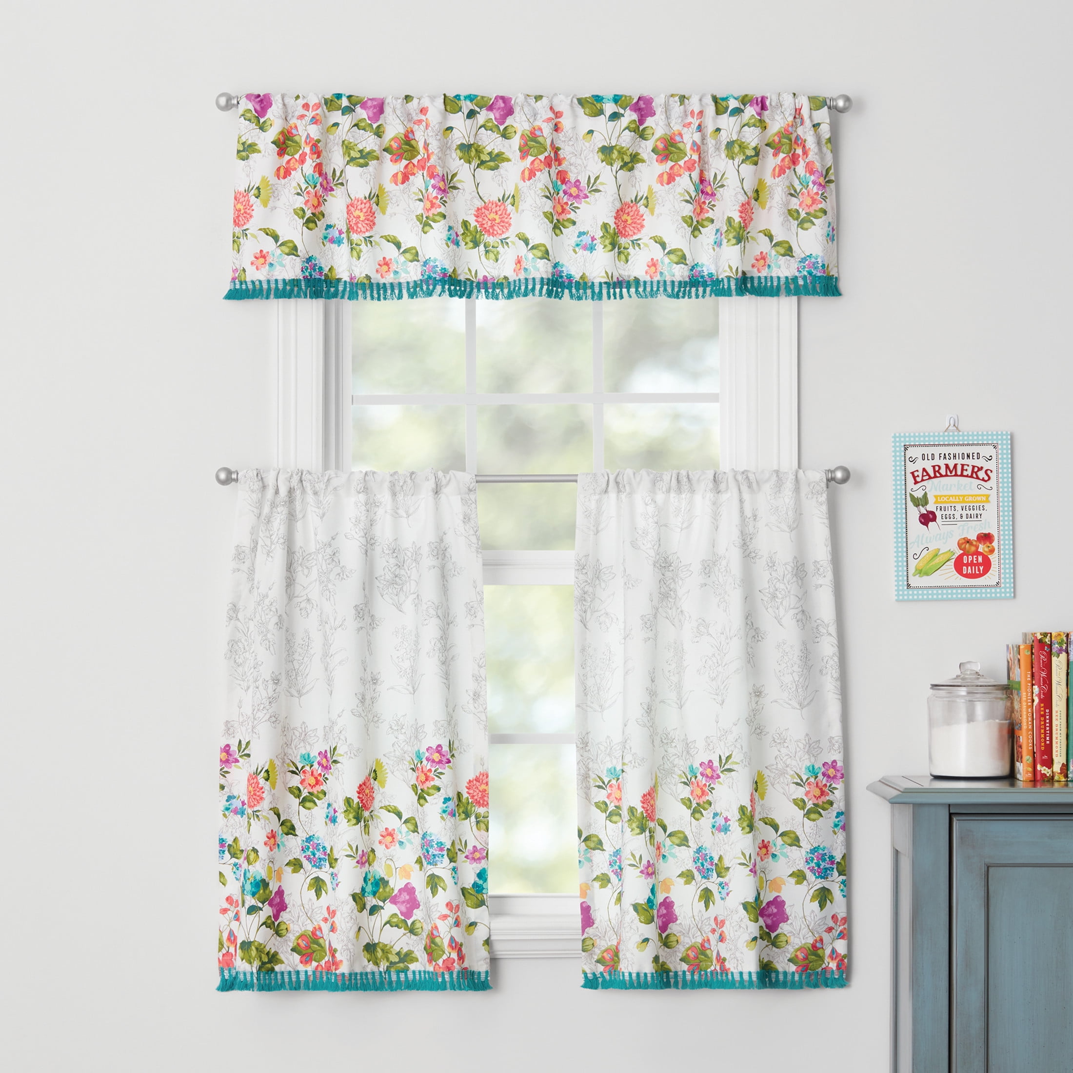 (2 pack) The Pioneer Woman Blooming Bouquet 3-Piece Curtain Tier Pair and Valance Set, 60 in x 36 in, Multi