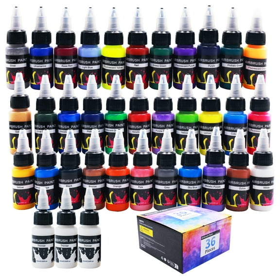 ArtBeek 33 Vibrant Colors Airbrush Paint Set 36 Bottles of Acrylic Paint for Models Crafts Metal Plastic Includes 3 Thinner Bottles for Airbrush Artistry