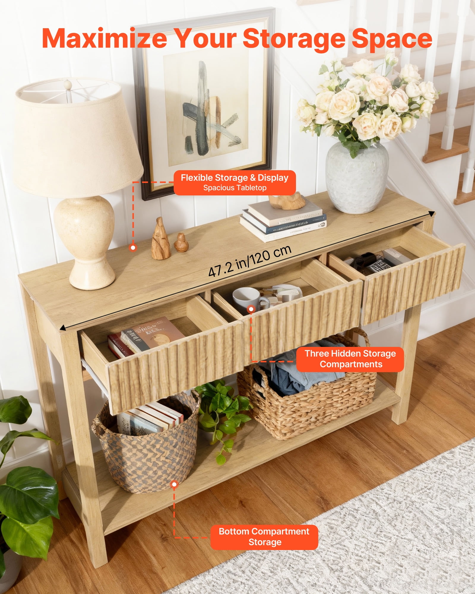 VEVOR 47 in Console Table, Farmhouse Desk Behind the Couch with Drawers and Bottom Storage Shelf, Wooden Rectangle Entrance Narrow Sofa Table for Hallway, Bedroom, Living Room, Foyer, Burlywood