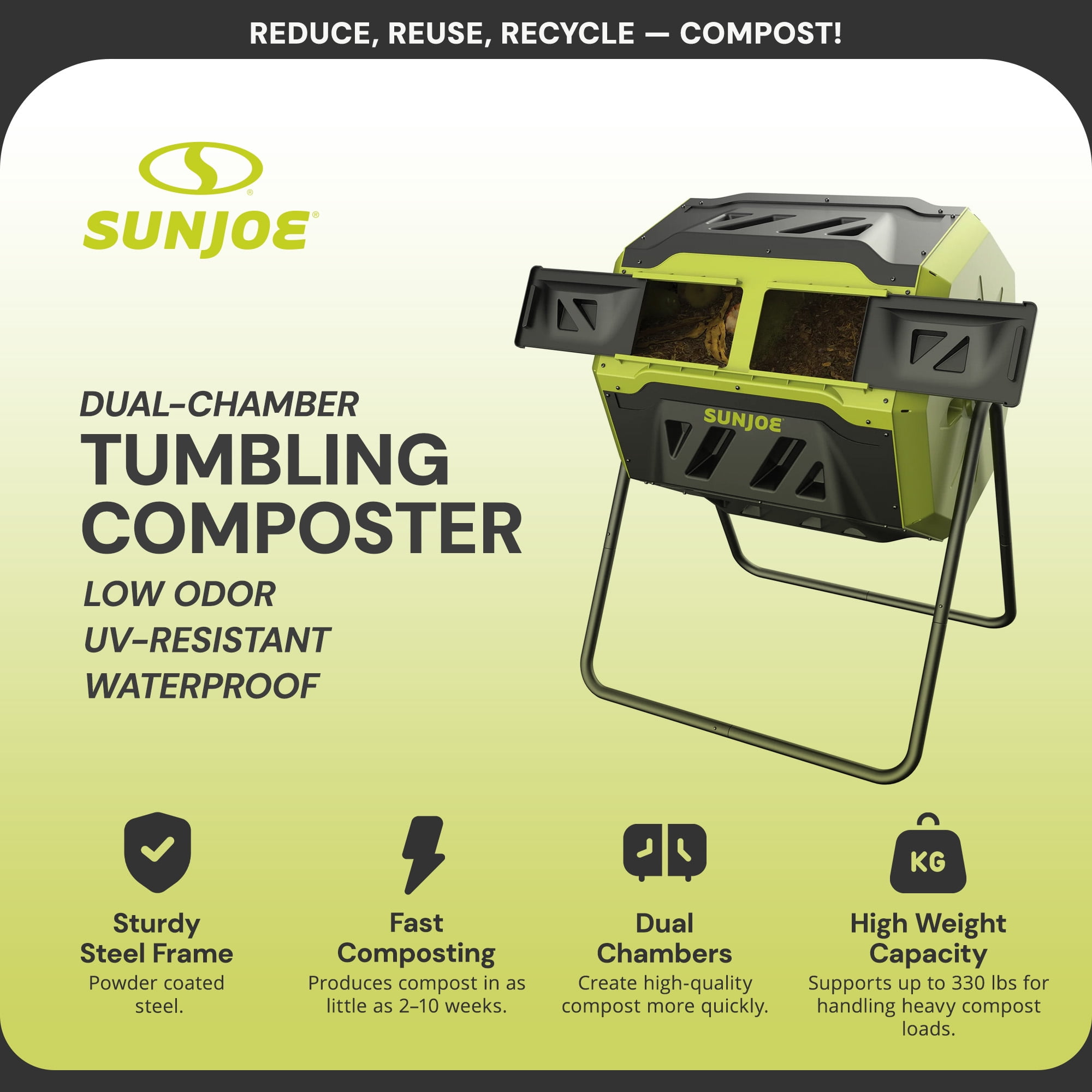 Sun Joe Outdoor Tumbling Composter, Dual Chamber, 2-10 Weeks Compost, 42 Gallon, SJ-CMPS1