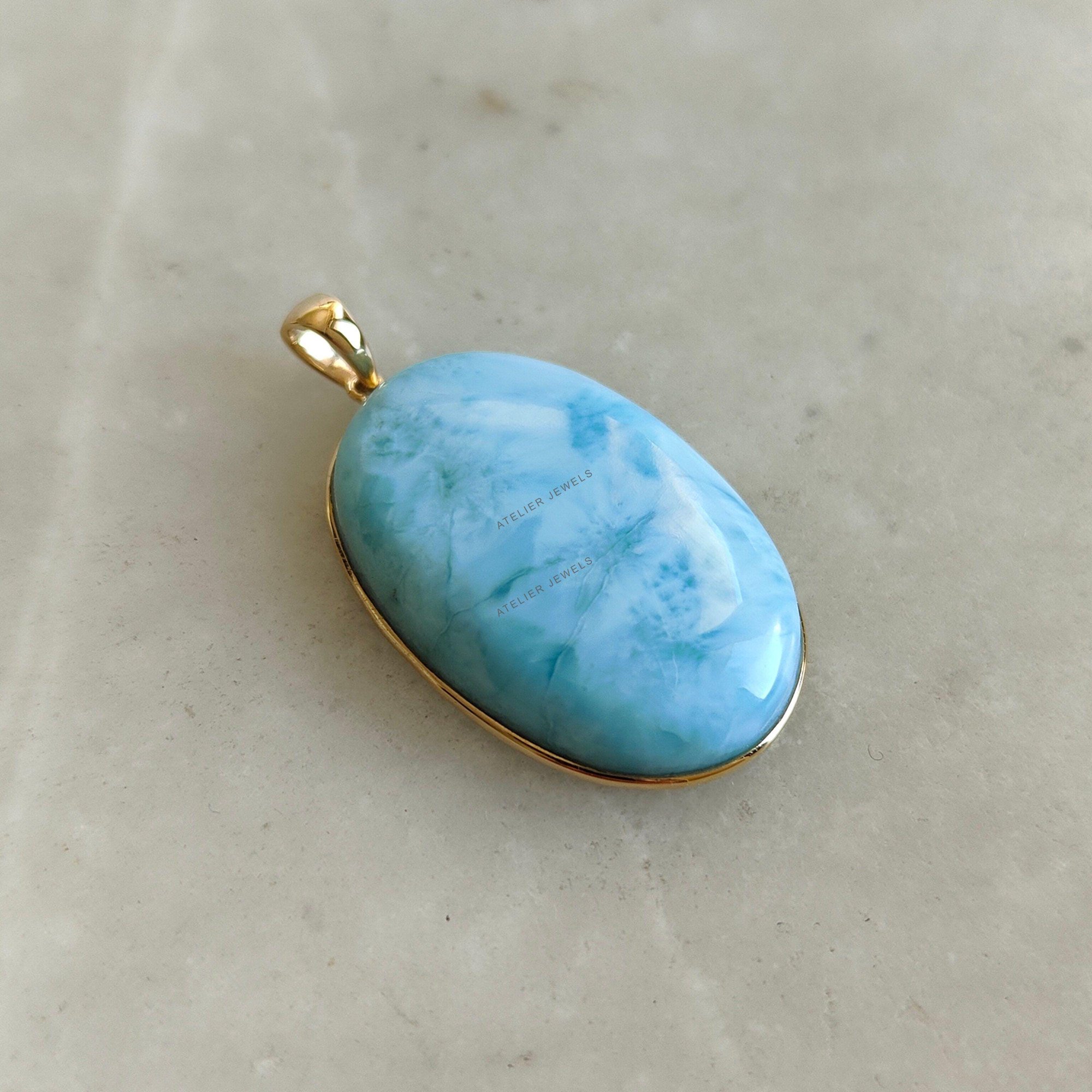 Natural Larimar Pendant, 14K Solid Yellow Gold Larimar Pendant, February & March Birthstone Pendant, Larimar Jewelry, Christmas Present
