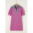 thumbnail image 3 of Women's Pink Stripe Collared V Neck Puff Sleeve T-Shirt Mini Dress | [ZhiHiMeRi] | (US 12-14)L, 3 of 10