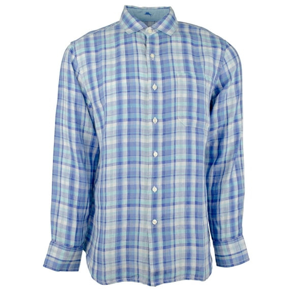 Long Sleeve Paradiso Plaid Linen Camp Shirt Pl Blue M