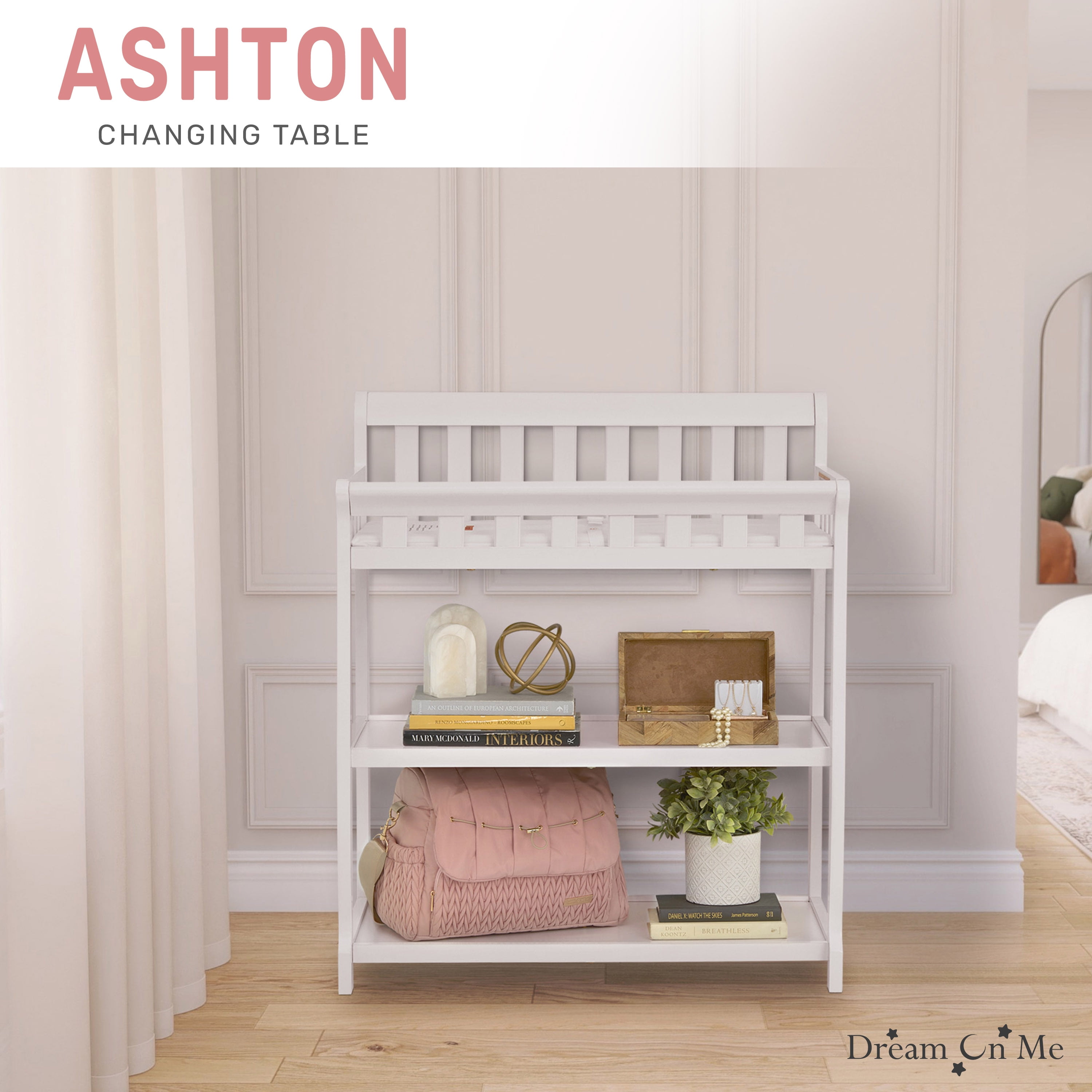 Dream On Me Ashton Changing Table, New Zealand Pinewood, 1 inch Mattress Pad included, White