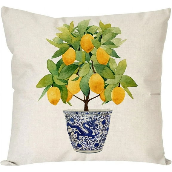 Blue and Green Pillow Cover 18x18 Inch Chinoiserie Porcelain Ginger Jar Yellow Lemon Grand Millenial Outdoor Summer Farmhouse Decorations Decorative Throw Pillows Cases for Home Couch Decor