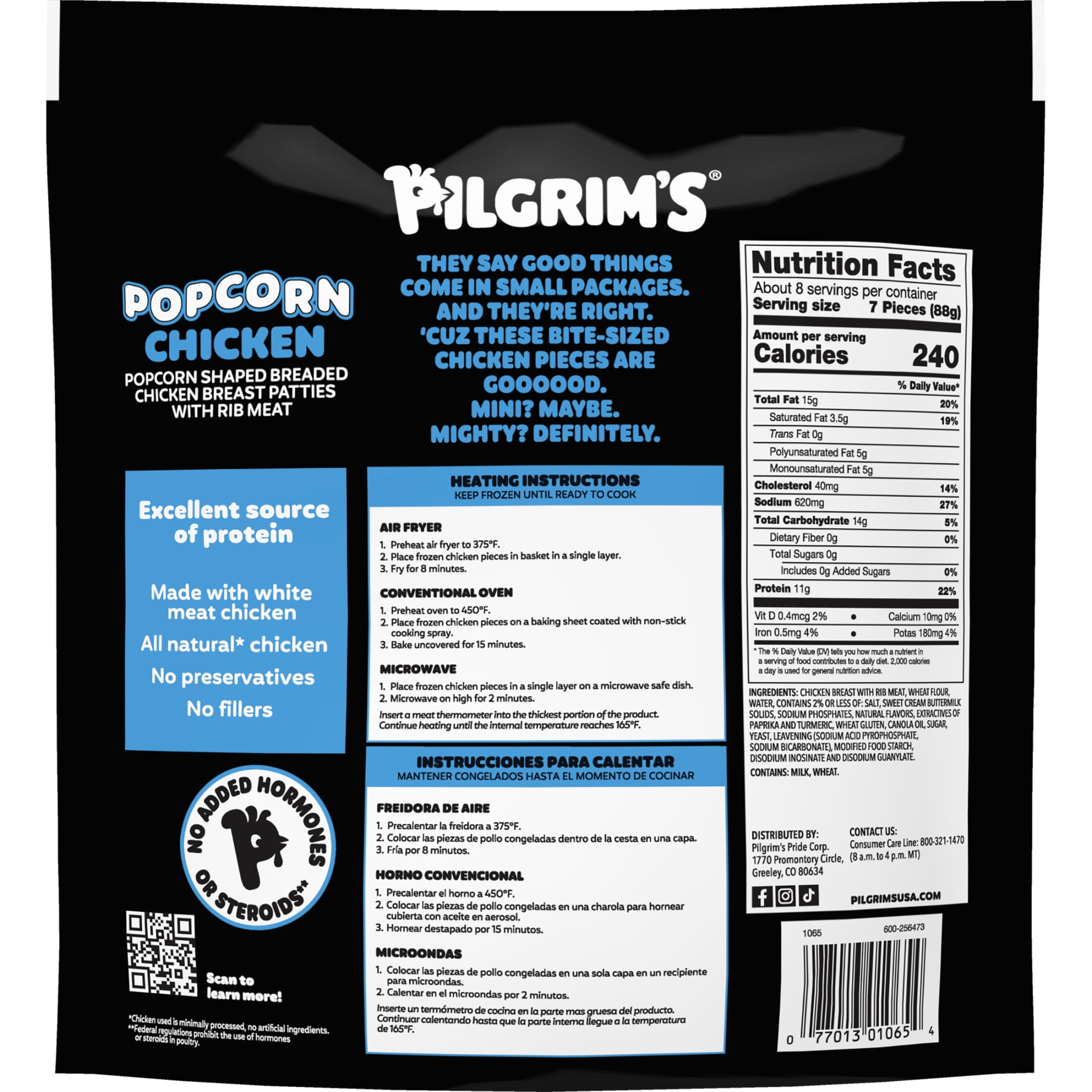 Pilgrim's Fully Cooked Popcorn Chicken Popcorn Shaped Breaded Chicken Breastpatties with Rib Meat 1.5 lb, 11g of Protein, Serving Size 7 Pieces