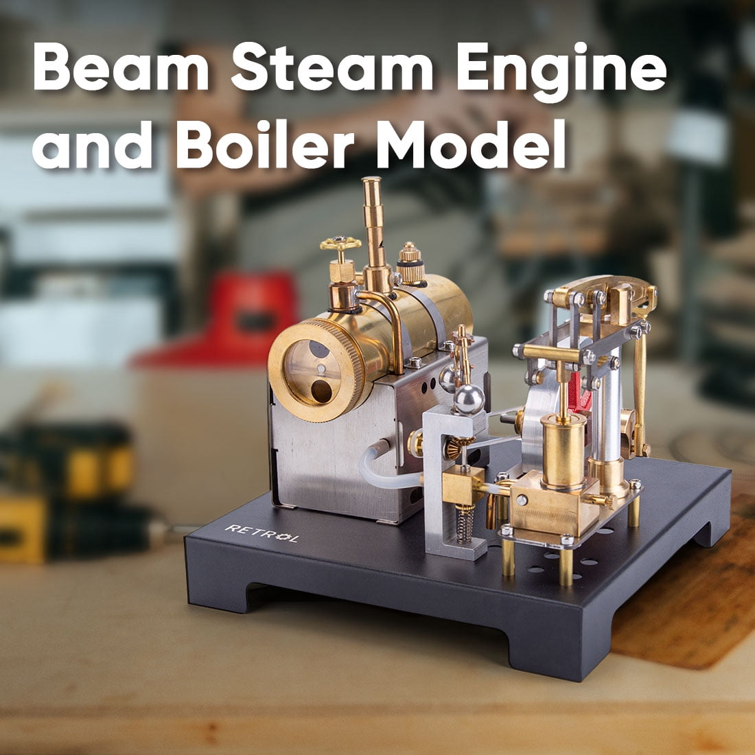 RETROL SE-01 Full Metal Stationary Beam Steam Engine Model & Horizontal Boiler Kit – 85PCS, Educational Steam-Powered Mechanical Kit, Ideal for Hobbyists, Collectors & Home Decor
