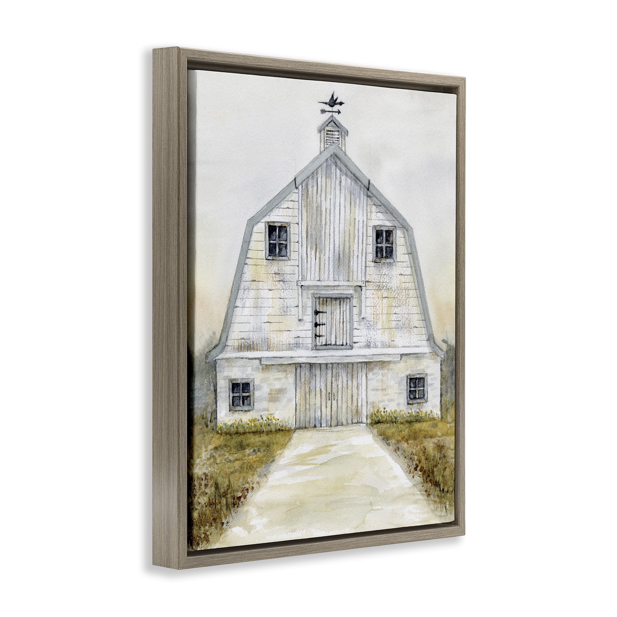 Stupell Industries White Barn Grey Trim Landscape Painting Brown Floater Framed Canvas Art Print Wall Art, 25 x 31