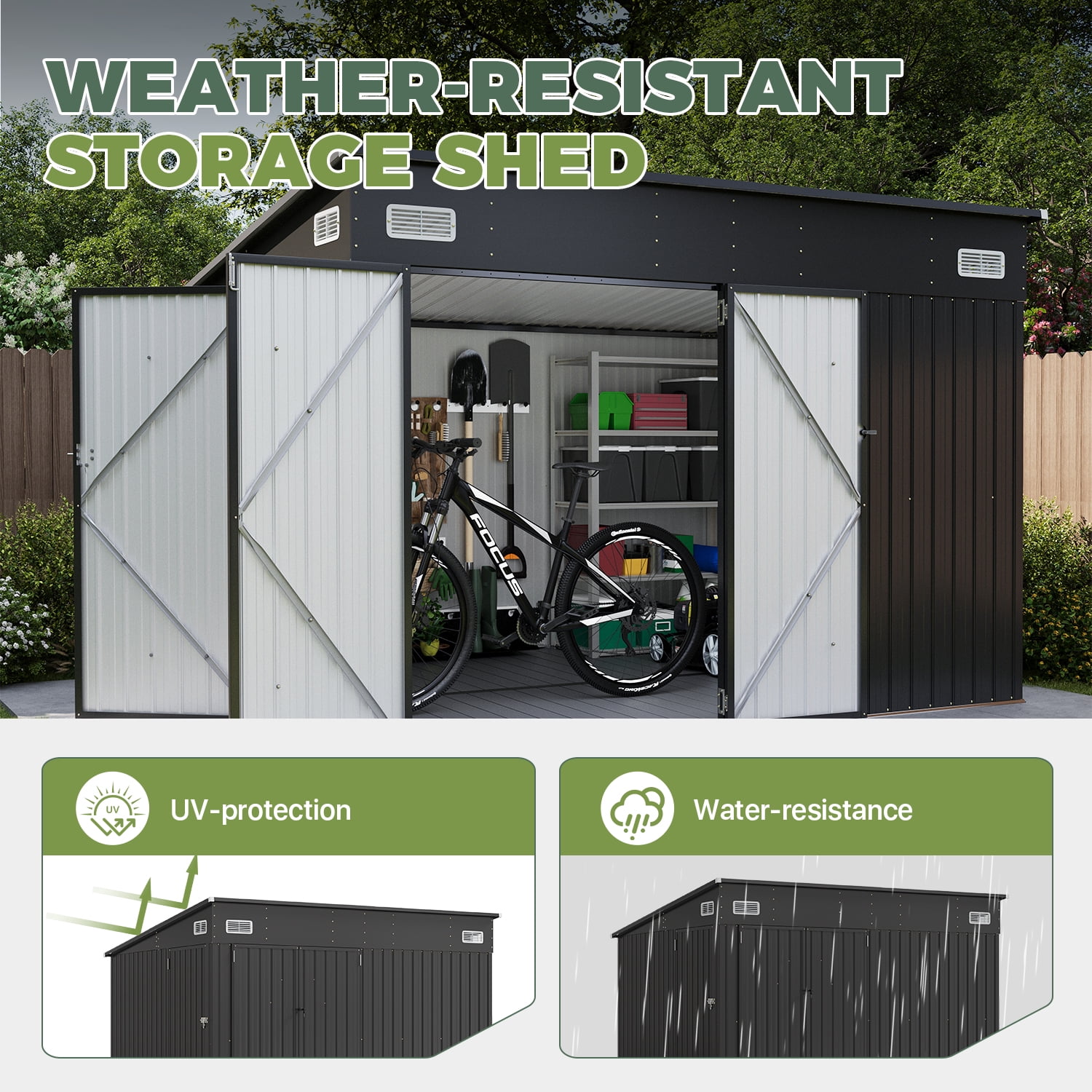 BaPiPro 10'x8' Lean-to Metal Storage Shed with Floor, Outdoor Lockable Shed with Triple Doors & Vents for Garden, Backyard, Patio - Black