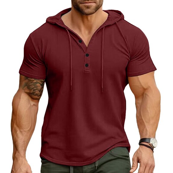 Kalauyu Mens Hooded Henley Short Sleeve Cotton Blend Pullover Shirts Drawstring Hood with Button Up Casual Solid Color Summer Workout Tees
