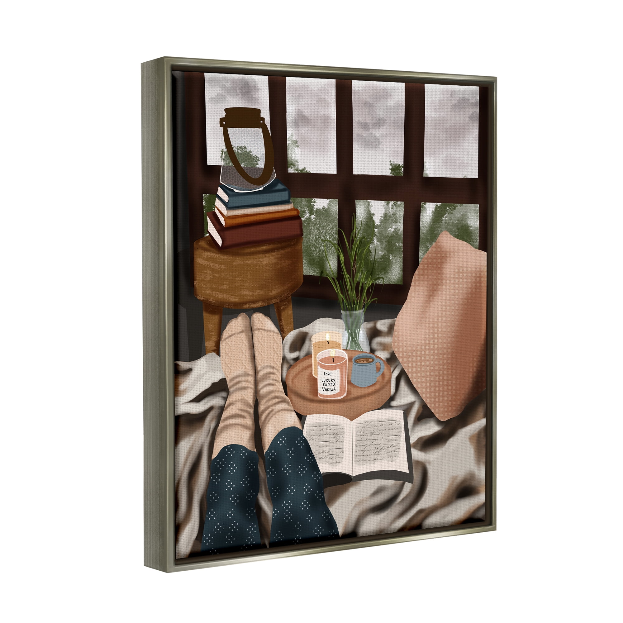 Stupell Industries Relaxing Reading in Bed Botanical & Floral Painting Gray Floater Framed Canvas Art Print Wall Art, 17 x 21