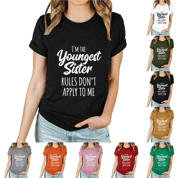 Fesfesfes Womens Basic Tops Women's Spring And Summer Casual Daily Round Neck Sisters Print Graphic T-Shirt Short Sleeve Tops Women Clothing L(US:8)