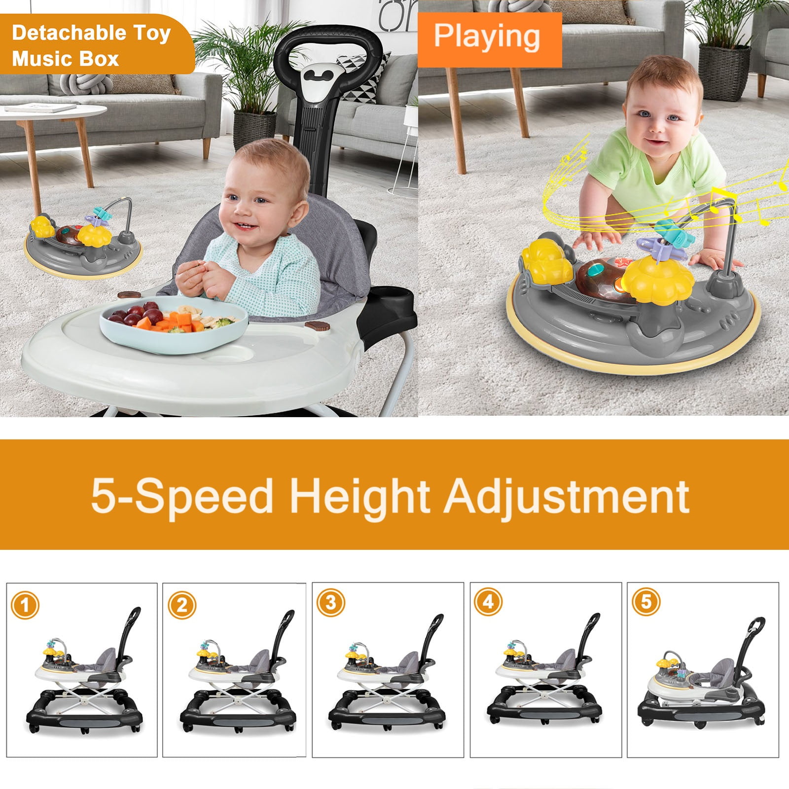 EONROACOO 5-in-1 Baby Walker for Boys Girls, Adjustable Infant Walkers with Wheels(Black)