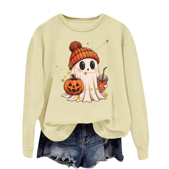 Womens Halloween Sweatshirts Oversized Long Sleeve Graphic Tees Cute Ghost Pumpkin Printed Fall Pullover Cozy Casual Holiday Party Vacation Tops for Women Beige L