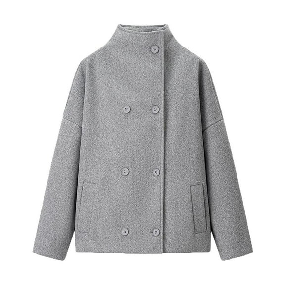 Hueook Fall Jackets for Women 2025 Women's Fashion Stand Collar Double Breasted Short Wool Button Coat Gray M
