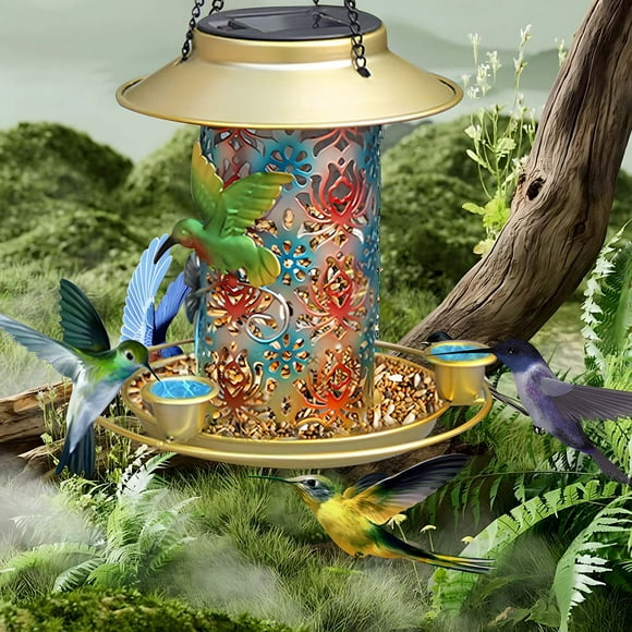 Window Bird Feeder, Bird Feeder, Bird Feeders For Outdoors, LED Metal Wrought Iron Solar Lamp Hollow Outdoor Antique Hanging Bird Feeder, Hummingbird Feeders For Outdoors