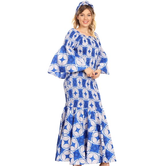 Sakkas Zarah Women's African Ankara Body-con Off shoulder Mermaid Pocket Dress - 2261-47-Multi - Regular-LongLength