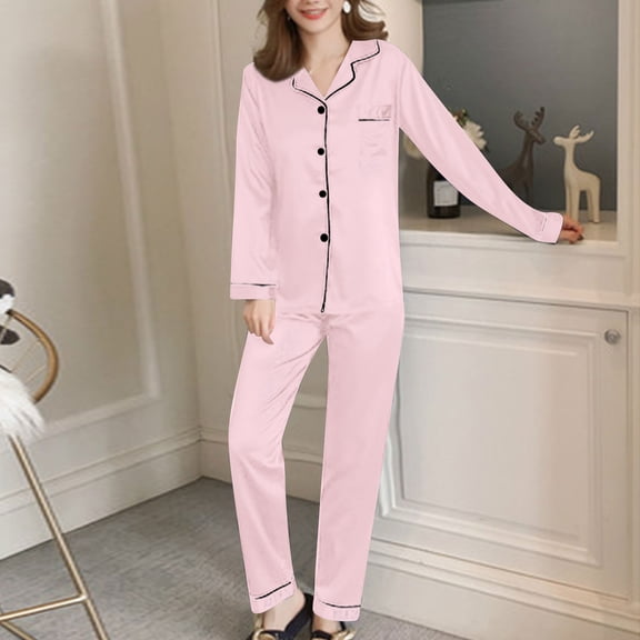 Women's Satin Pajama Set - Long Sleeve Button Lapel Soft Nightwear 2-Piece Set - Pink - XL