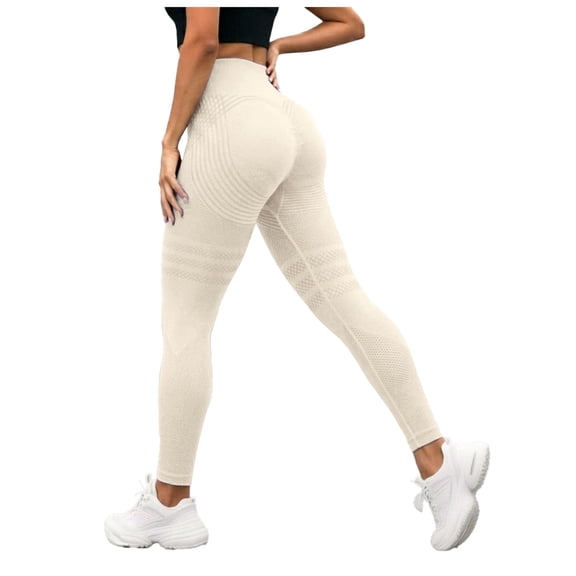 GXWEA Leggings For Women Ladies Full Length Stretch Yoga Leggings Textured Hip Panel High Rise Daily Fitness Pants(L,Beige)