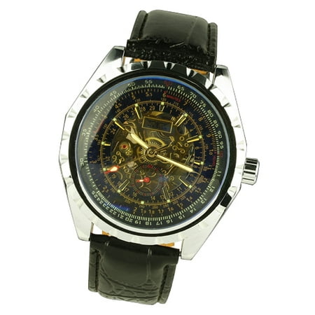 - Black Leather Strap Gold Case Chronograph Dials Clock Mechanical Automatic Watch
