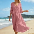 thumbnail image 4 of Bysome Women Dresses Solid Color 3/4 Sleeve V-Neck Flowy Dress Summer Fashion Women Dress Size 3XL Red, 4 of 8