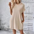 thumbnail image 4 of YUEVORA Women's Casual Solid Color Round Neck Short Sleeve T-Shirt Dress with Pockets, Loose Fit A-Line Dress for Spring & Summer, 4 of 5