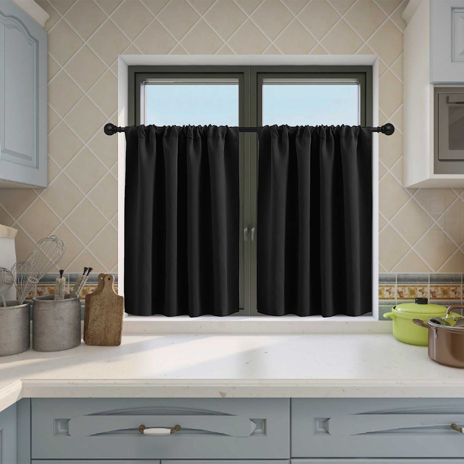 Short Blackout Curtains for Kitchen, Thermal Insulated Out Curtain for Bedroom, Rod Pocket Drapes for Bathroom Small Window, Black