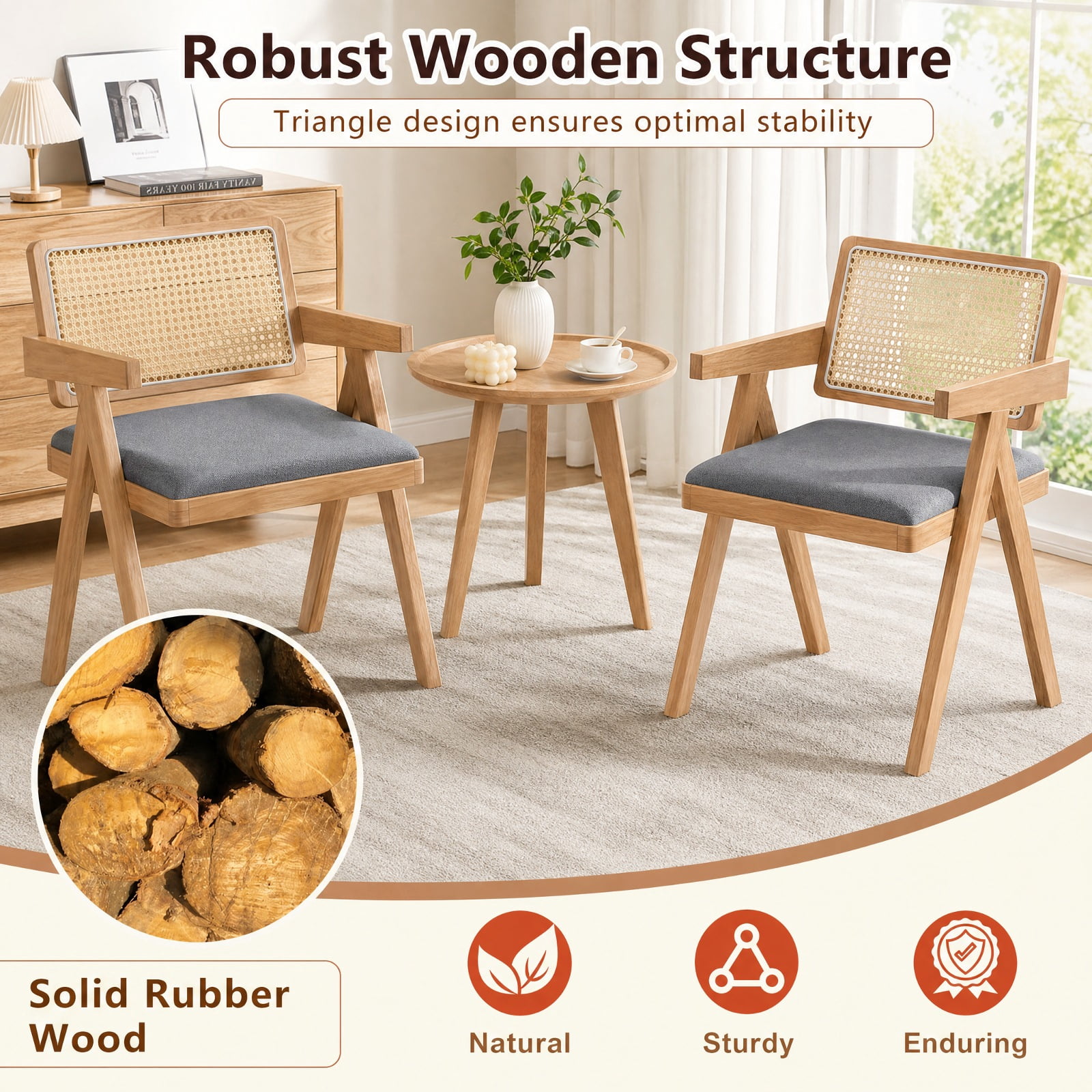 Furnibear Set of 2 Rattan Accent Chairs with Padded Cushion and Rubber Wood Frame for Dining Room Kitchen and Living Room, Gray