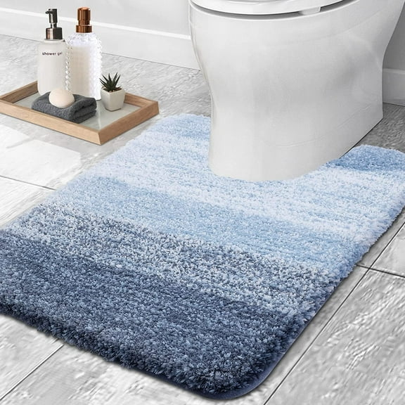 Microfiber Toilet Rugs U-Shaped, Shaggy Soft and Absorbent Bathroom Rugs, Non-Slip, Thick Plush Bathroom Mat, Machine Washable Dry Contour Bath Mats for Toilet Base, 24" x 20", Blue