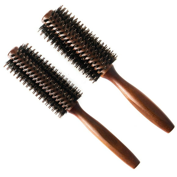 Brosse Ronde pour Séchage au Sèche-Cheveux, Brosse Ronde en Poils de Sanglier avec Baril en Bois