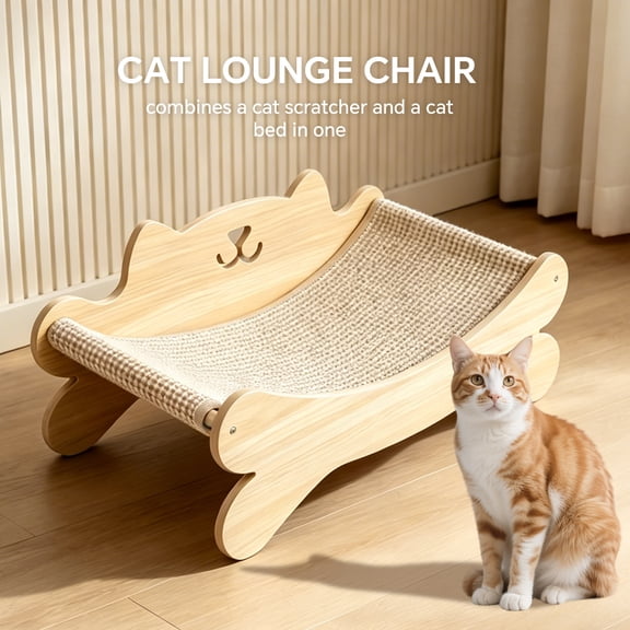 2-in-1 Cat Scratcher Lounge Chair, Wooden Cat Bed & Scratching Post for Indoor Cats, Durable Sisal Cat Couch Bed