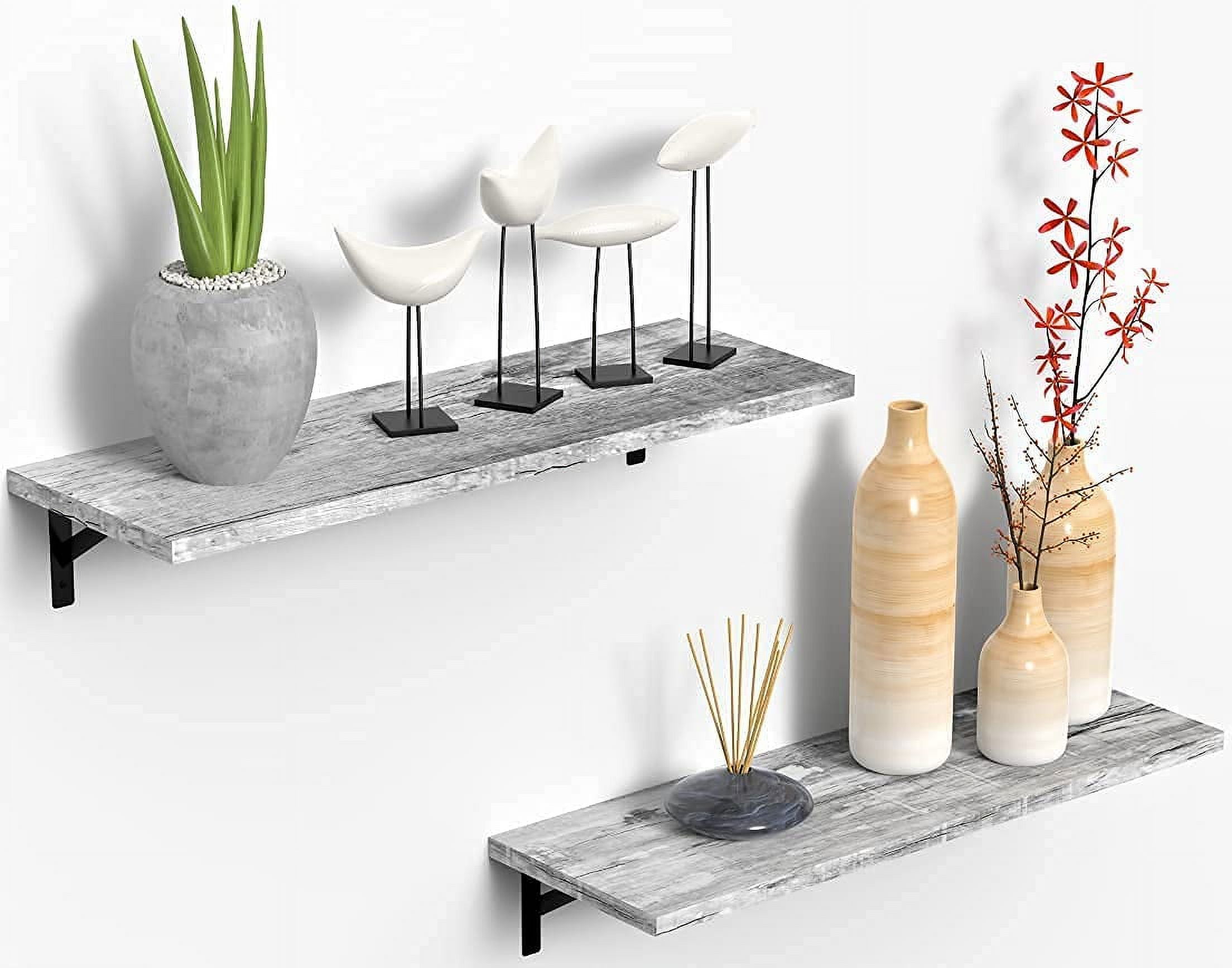 Under.Stated Floating Shelves, 24 Wall Mounted Hanging Shelf Set for Living Room, Office, Kitchen, Bathroom &, Perfect Home Room Wall Decor, Designed with Rustic Pattern  Rustic Grey