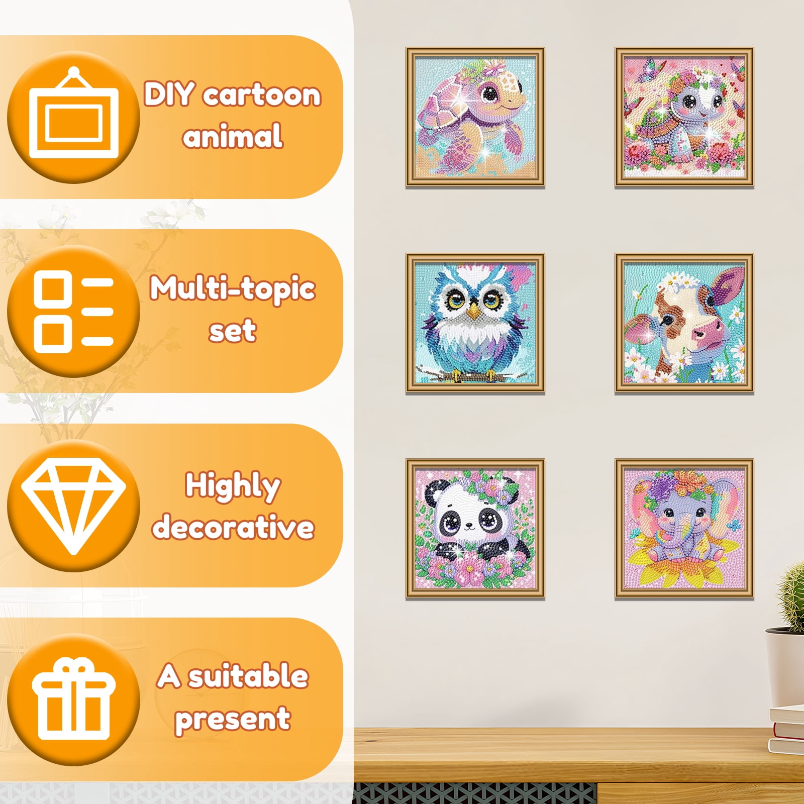 Keyohome Diamond Art Kits for Kids,Diamond Painting Kits for Beginners,6 Pack Cartoon Animals Diamond Dot Art for Adults,Full Drill Big Gem Art for Home Decoration,6.7" x 6.7"