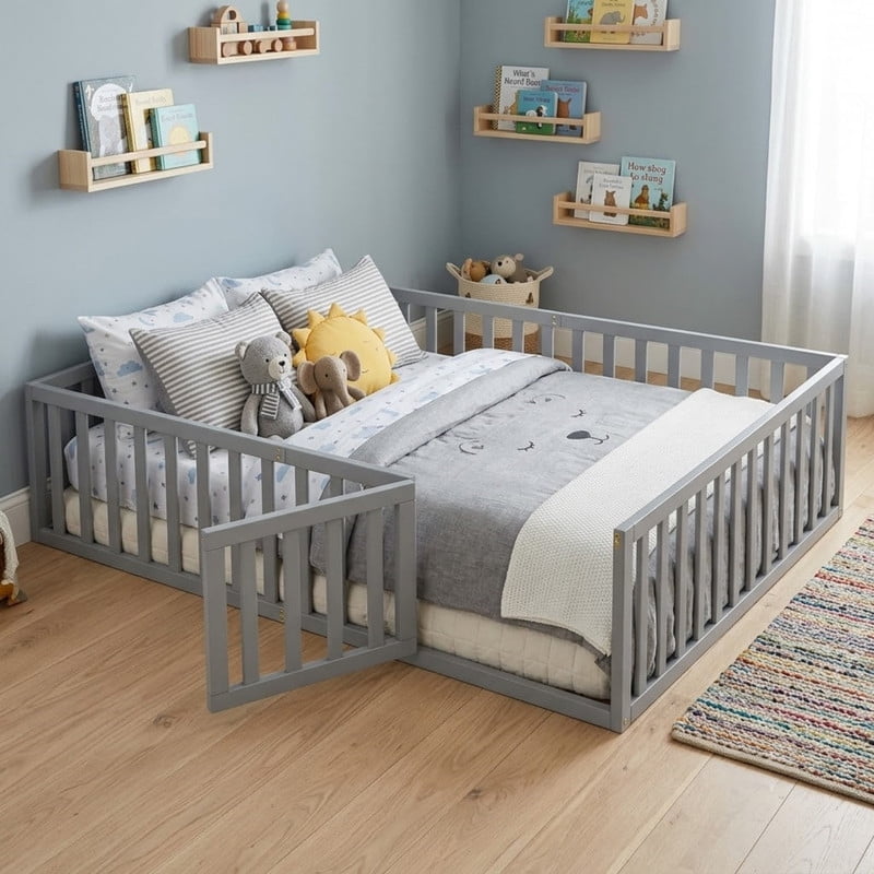 Queen Size Floor Bed Montessori Bed with Fence Guardrails and Door, Wooden Toddler Bed Playhouse Bed Platforn Bed for Boys Girls, No Slats