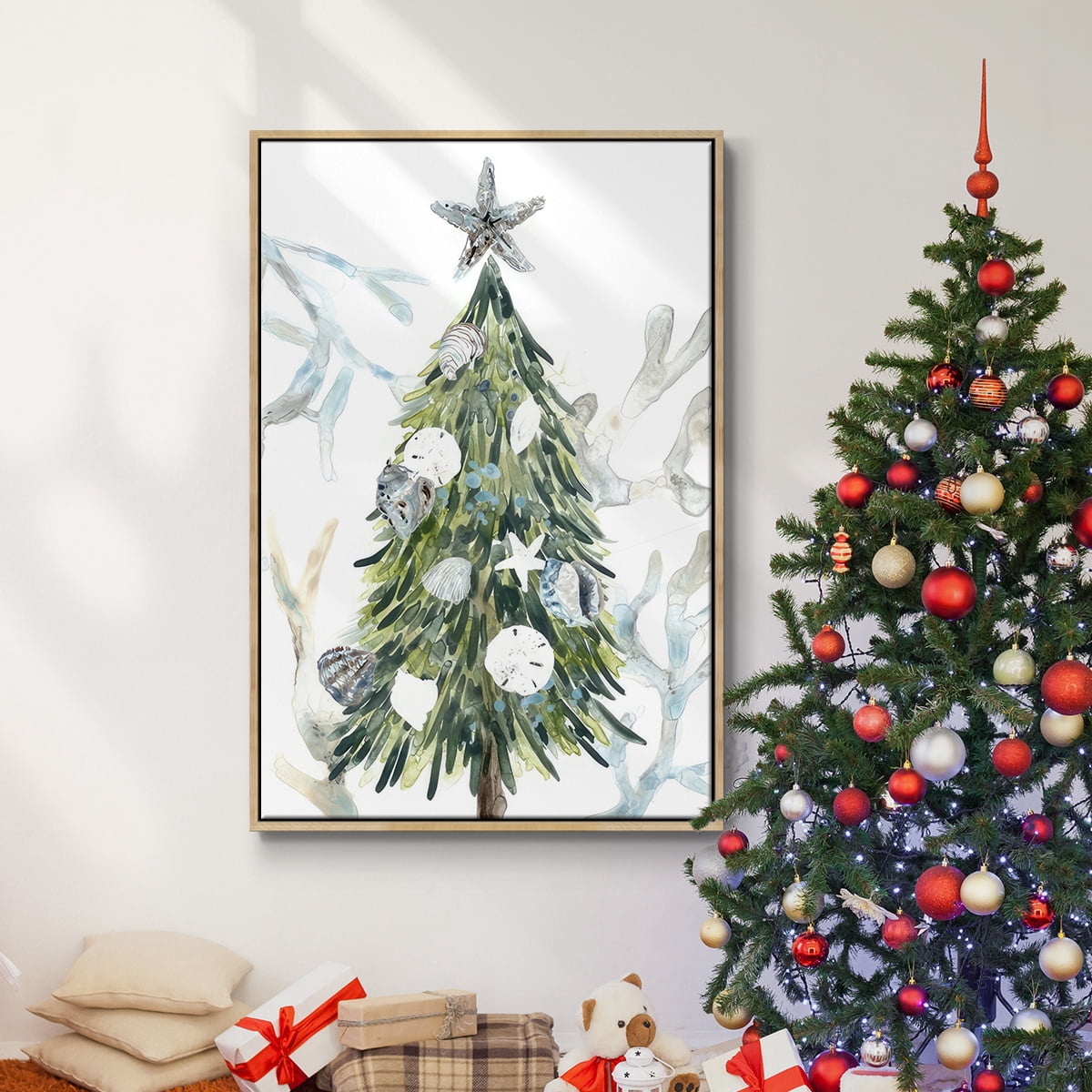 Coastal Christmas Shell Collection B - Framed Gallery Wrapped Holiday Canvas - 17 x 25 - Natural Wood Frame