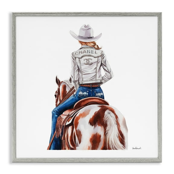 Stupell Industries Glam Cowgirl Spotted Horse People Painting Gray Framed Art Print Wall Art, 12 x 12