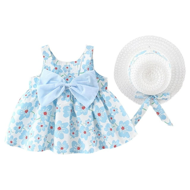 Robes pour Bébés Filles Robe Tutu Sans Manches pour Bébé Robes d'Été pour Filles avec Chapeaux Ensemble 2 Pcs Robe Soleil pour Filles 10-100