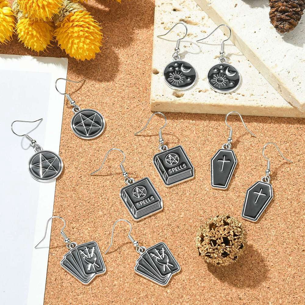 Gothic style Pentagram/Coffin/Book Dangle Earrings for Women Alloy Enamel Earring with Brass Earring Hooks Mixed Shapes 37~41x13~20mm