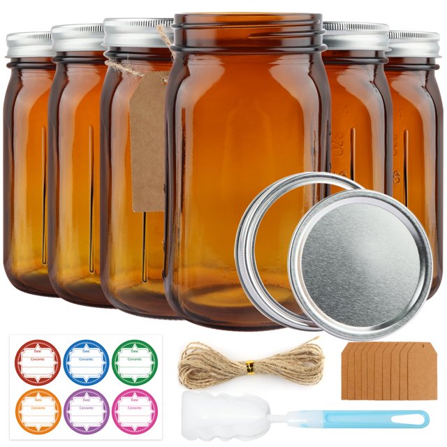 CARBLIN 6 Pack Mason Jars 32 oz, Amber Wide Mouth Canning With Airtight Lids, Glass Pint With Bands Labels Brush, Large Storage Quart for Jam Ferment