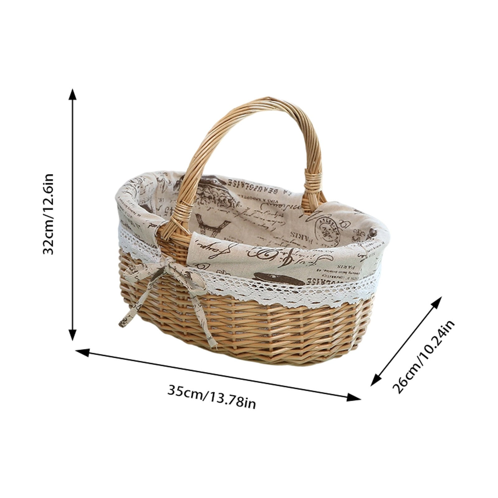 Vintage Oval Multfunction Picnic Basket - Removable Printed Liner, Portable Storage Basket, Suitable for Picnics Camping, Home Decor, Hiking, Easter, Spring Supplies, L13.8 x W10.2 x H12.6 in