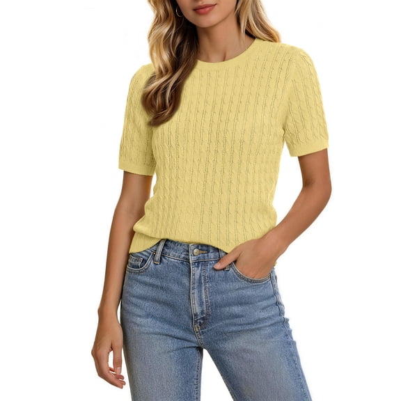 Sundazz Womens Short Sleeve Tops Lightweight Cable Knit Summer Sweater Dressy Casual Shirts, XS-XL
