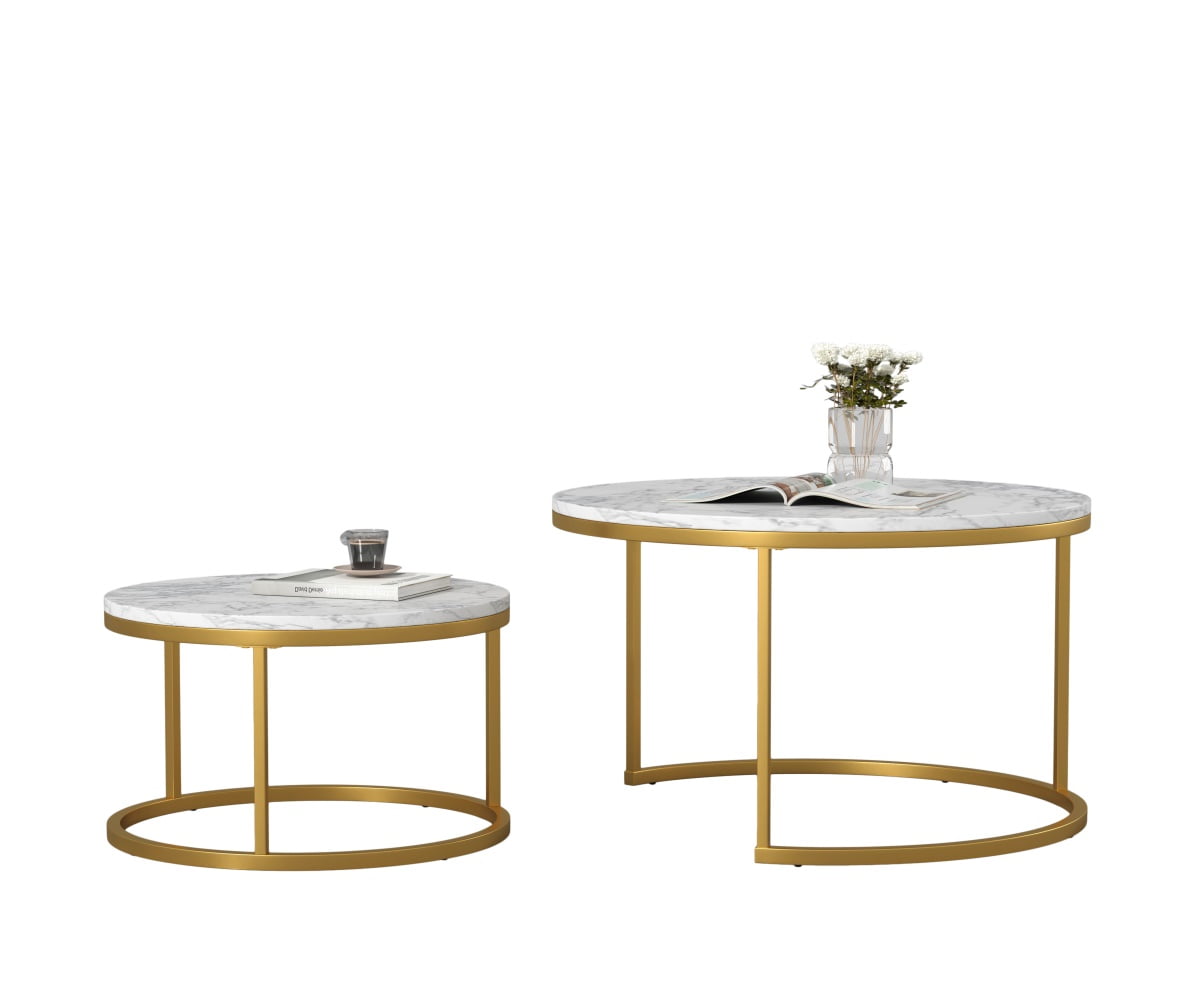 Resenkos Marble Coffee Tables, Round Nesting Side Tables with Gold Metal Frame, White&Gold, Set of 2