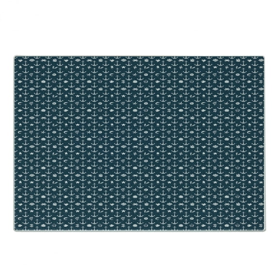 Nautical Blue Cutting Board, Repetitive Anchor Starfish Coral and Shells Symmetric Pattern, Decorative Tempered Glass Cutting and Serving Board, in 3 Sizes, by Ambesonne