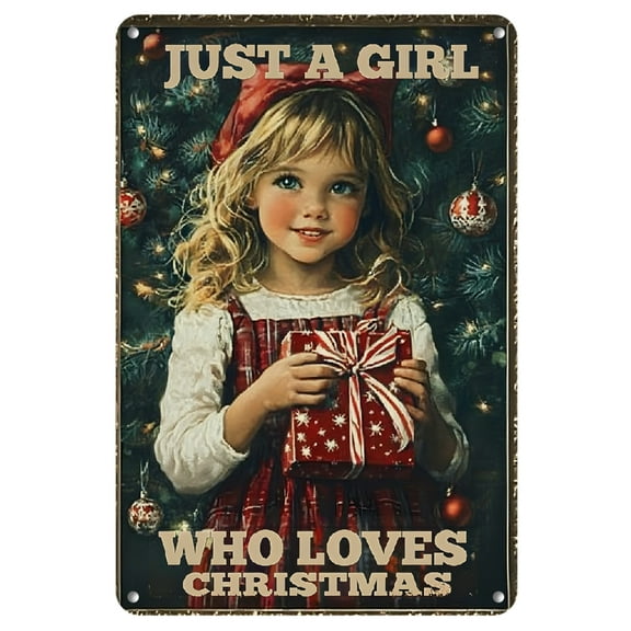 Vintage Christmas Metal Tin Sign - 'Just a Girl Who Loves Christmas' Wall Art, 8"x12", Retro Holiday Decor for Home, Yard, Coffee Shop, Festive Cheer with Red Bow & Christmas Tree Design