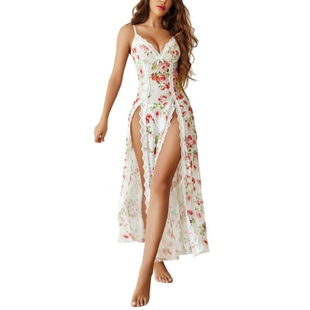 Lingerie for Women Side Split Chemise Sexy Nightdress Deep V Neck Nightwear Long Nightgown