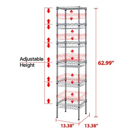SINGAYE Storage Shelves, 6-Tier Wire Shelving Unit with Baskets Storage Rack Corner Shelf Shelving Adjustable Storage Shelf, 13.4" D x 13.4" W x 62.99