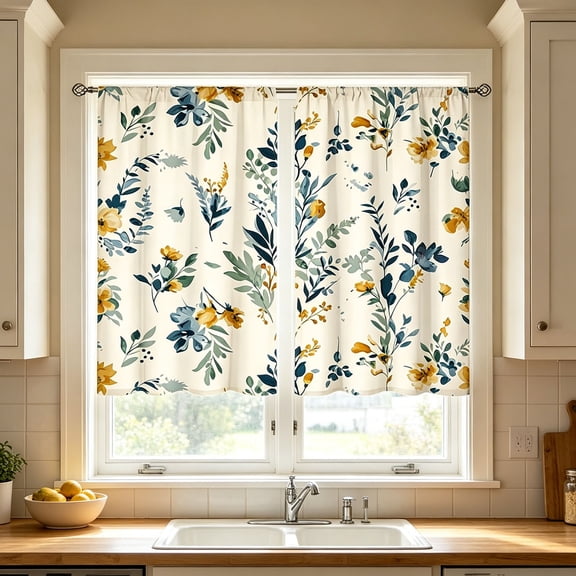 Beautynvta 2 Pack Floral Kitchen Curtains, Rod Pocket Light Filtering Short Window Drapes, Green Leaf Flower Printed Curtain Panels for Kitchen Bathroom Farmhouse Decor