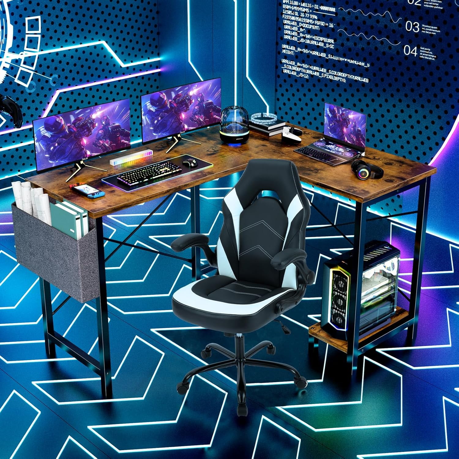 Bigleap L Shaped Computer Desk - Gaming Table Corner Desk 50 Inch PC White Writing Desk Study Desks with Wooden Desktop CPU Stand Side Bag Reversible for Home Office Room Small Space, Brown