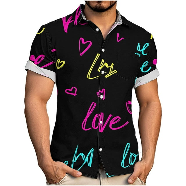 TaTaai Men's Valentine's Day Print Shirt, Short Sleeve Button Down Casual Blouse, Romantic Gift Top Gift